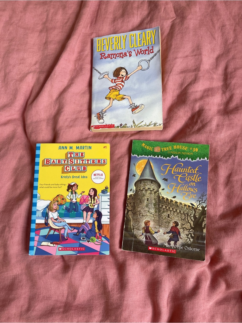 Three Scholastic Kids' Books - Pink, Yellow, Green Covers